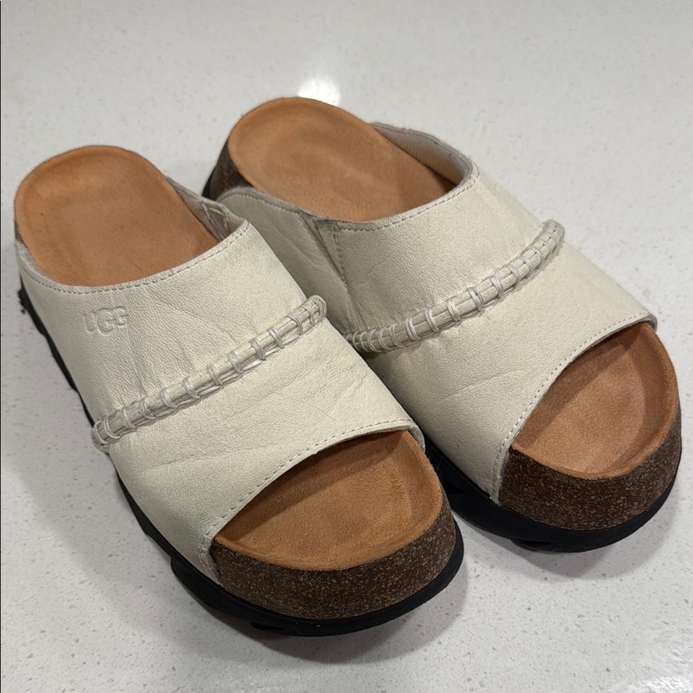 UGG Women's Sunskip Cream Slide Sandals Cream Black Cushy Platform 8